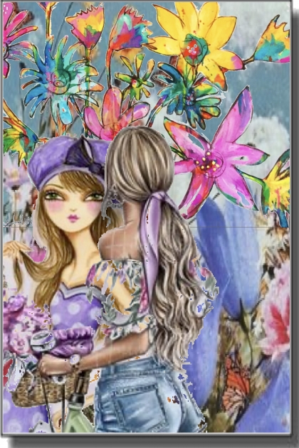 Two girls among flowers- combinação de moda