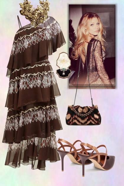 A chocolate dress with ornament- Modna kombinacija