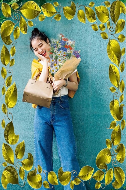 A girl with a bunch of field flowers- Modna kombinacija