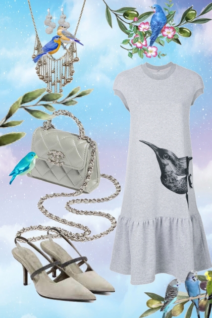 A dress with a blue bird- Модное сочетание