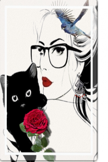 A girl with a black cat and a red rose- combinação de moda