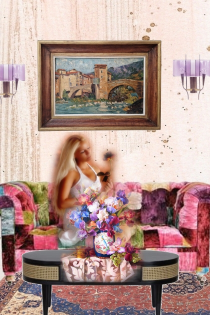 A sitting room with a bright sofa- Модное сочетание