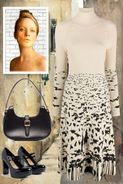 Knitted white dress with a pattern- combinação de moda