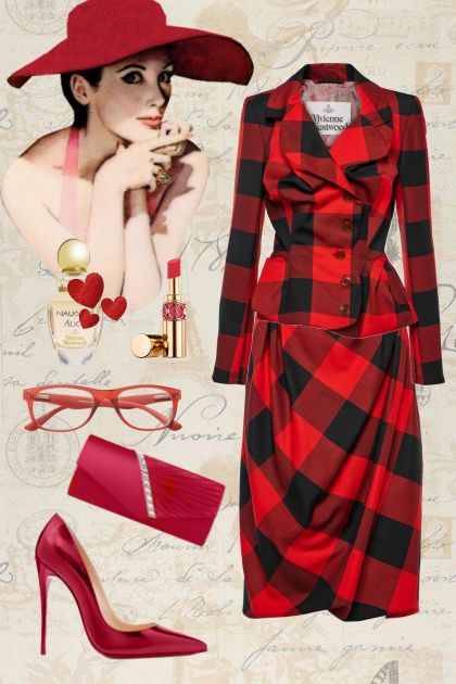 Red and black plaid suit- Modna kombinacija