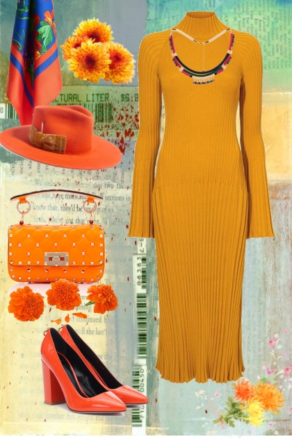 A mustard-coloured dress- Modna kombinacija