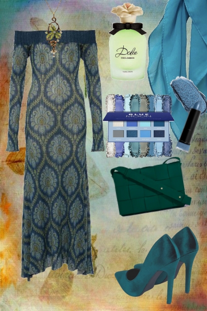 Blue dress with a pattern- combinação de moda