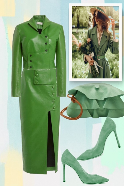 Green leather suit- Модное сочетание