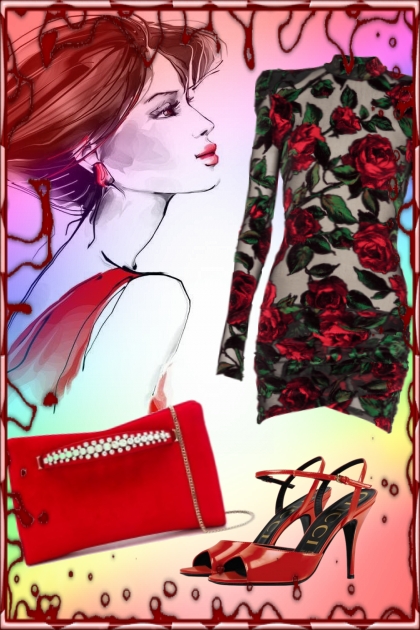 A dress with red roses- Modna kombinacija
