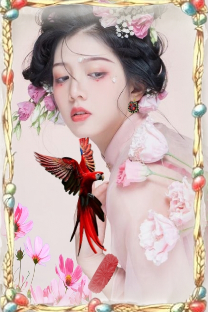 A Japanese girl with a red parrot- 搭配