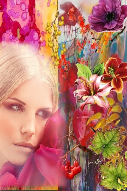 A girl among magenta flowers- Modna kombinacija