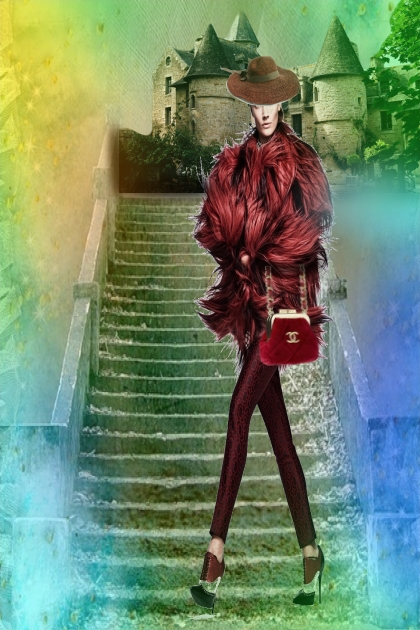 Fur jacket in wine red- Fashion set
