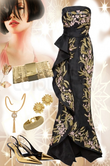 Black dress with golden embroidery- combinação de moda