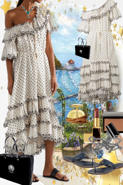 White flounce polka dot dress- Modna kombinacija