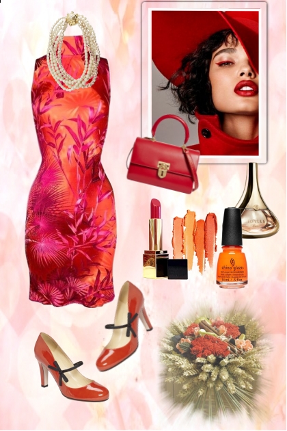 Red dress with a floral pattern- Combinaciónde moda