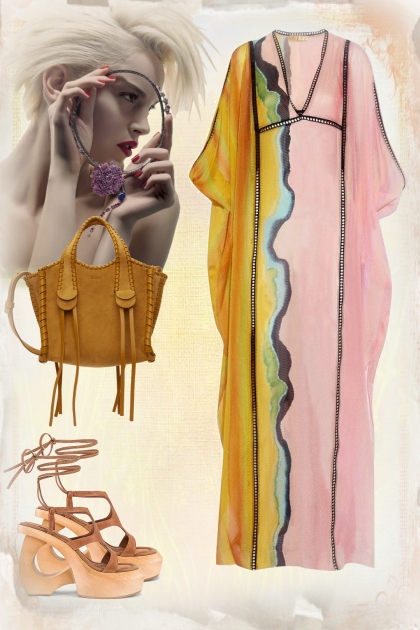 Boho dress in pink and yellow- Modna kombinacija