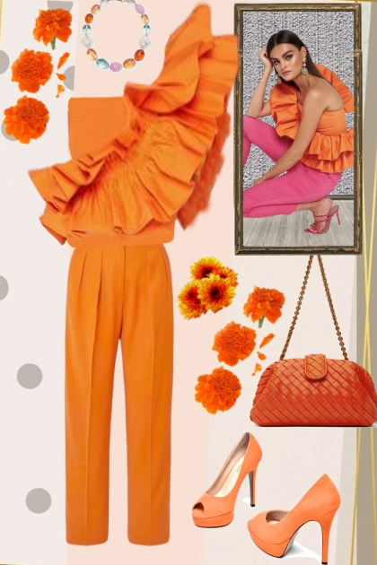 Orange flounce outfit- Модное сочетание