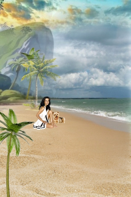 A girl with her dog by the sea- combinação de moda