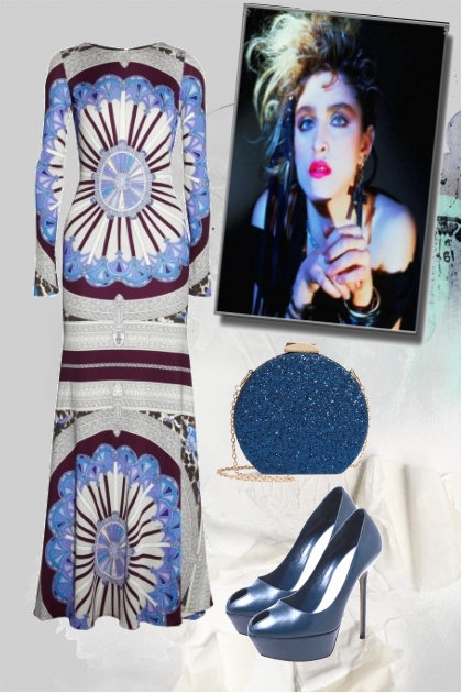 Grey and blue dress with a print- Combinazione di moda