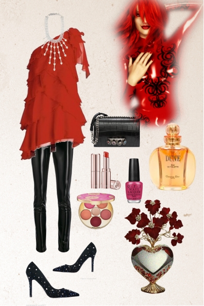 Red flounce tunic- Modekombination