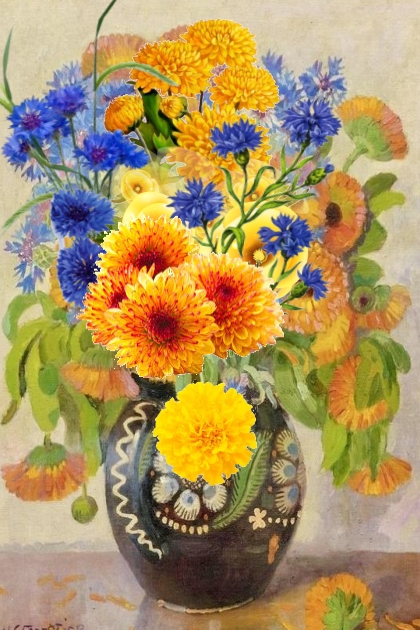 Gold and blue flowers- Modna kombinacija