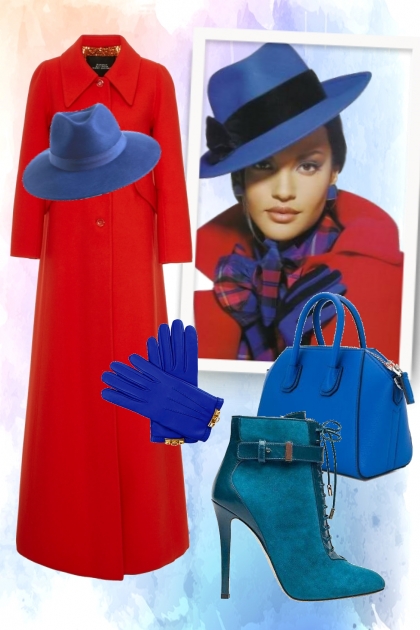 Red coat, blue hat- Combinaciónde moda