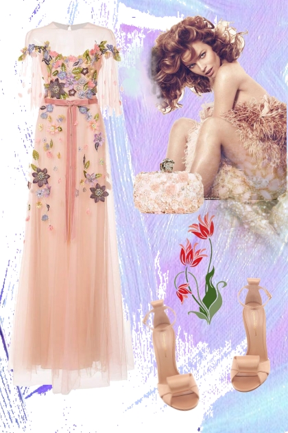 Peach-coloured dress with flower decor- 搭配