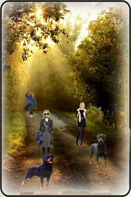 Dogs and humans in the wood- Combinazione di moda