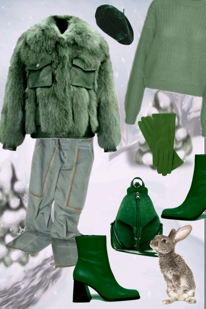 Green fur jacket- Fashion set