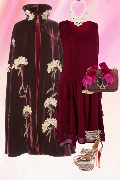 Wine-coloured dress with a cape