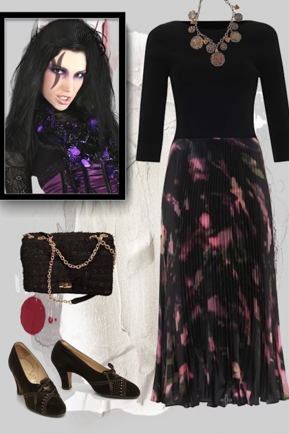 Black outfit with a purple pattern