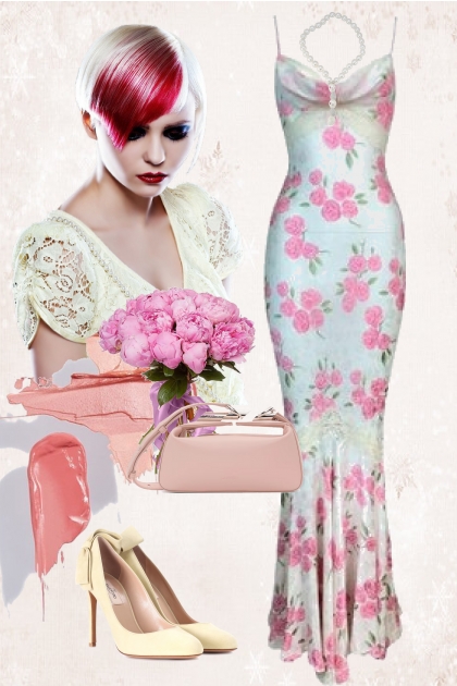 Dress with pink roses- Modna kombinacija