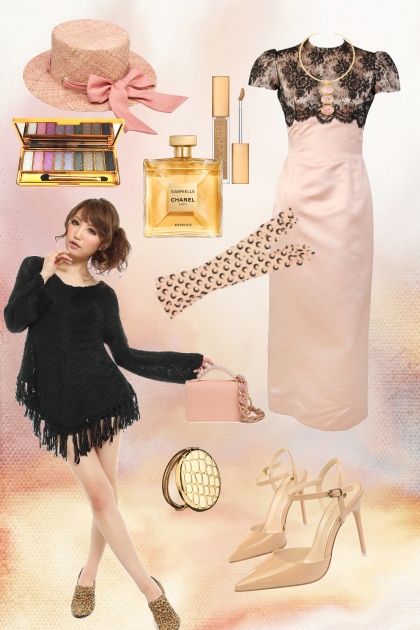 Apricot silk dress with black lace