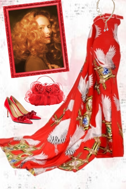 Red dress with white swans- Modna kombinacija