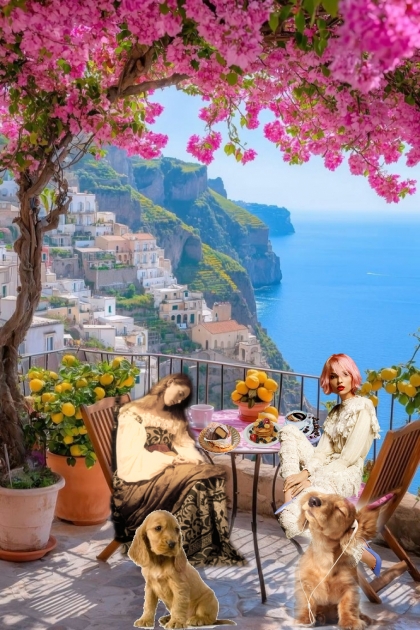 Girls with spaniels at coffee