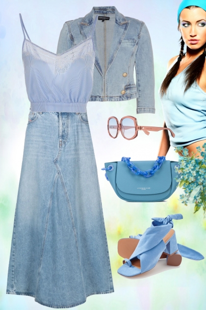 Denim outfit with a skirt