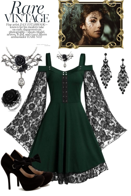 Green dress with Black Lace- Модное сочетание