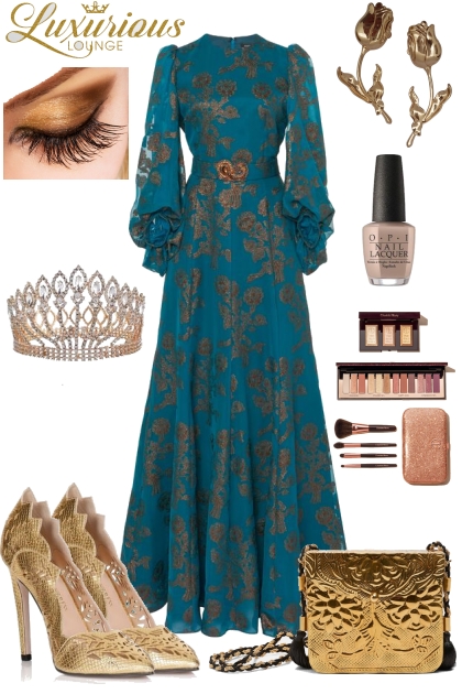 Blue dress and Gold Roses- Combinazione di moda