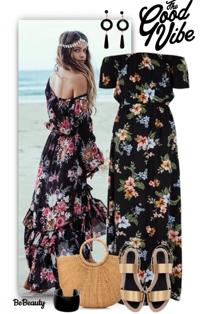 nr 1319 - Black floral maxi dress- Modekombination