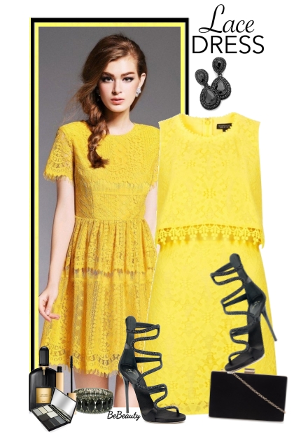 nr 4203 - Yellow lace dress- Modna kombinacija