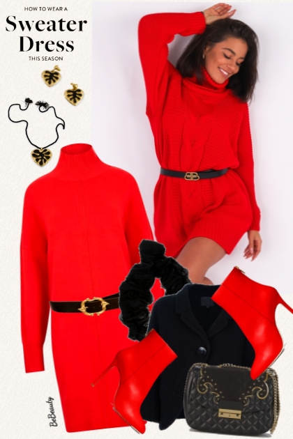 nr 6187 - Red sweater dress- Modna kombinacija