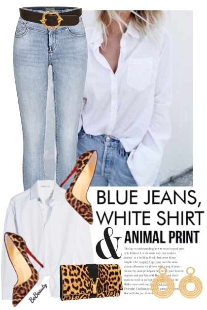 nr 7148 - Blue jeans, white shirt & animal print - Modna kombinacija