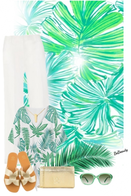 nr 7300 - Palm leaves printed top- Модное сочетание
