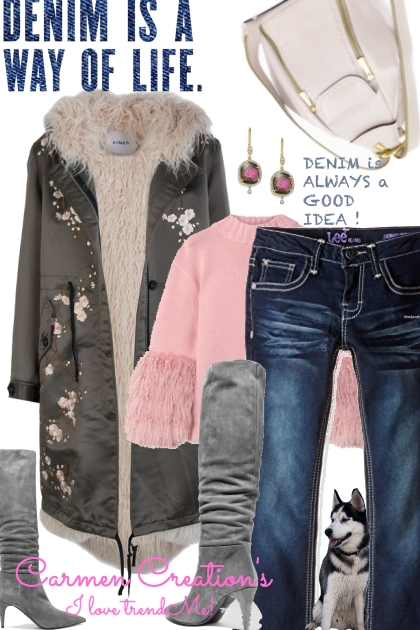 Journi's Winter Coat And Denim Jeans Outfit- Combinaciónde moda