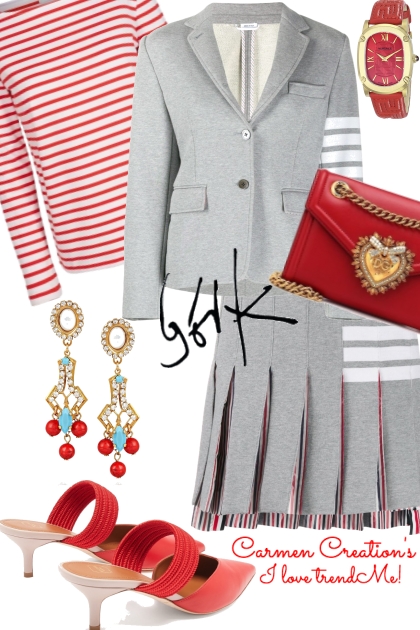 Journi's Spring Grey And Red Suit Outfit- combinação de moda