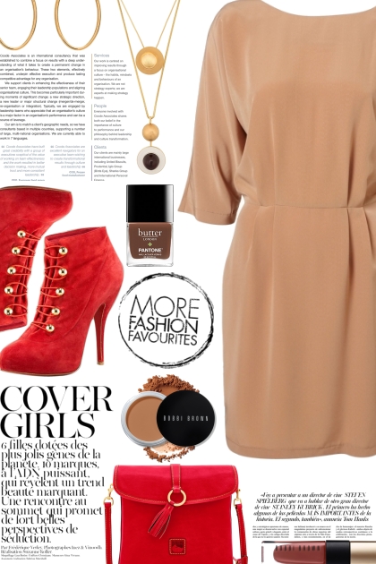Red Boots & Beige Dress - Modna kombinacija