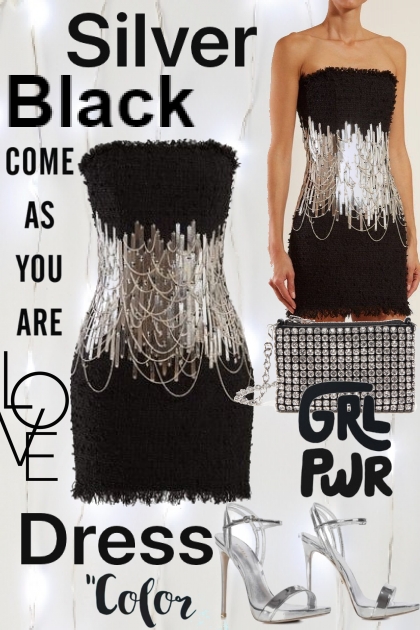 Silver and black dress- combinação de moda