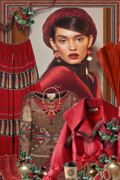 boho red brown sweater- Fashion set