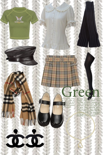 Green, Beige, White and Black Outfit- 搭配