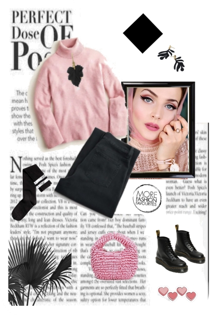 Pink sweater and black jeans- Modekombination
