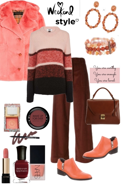 Brown and Coral Weekend Style- Modna kombinacija